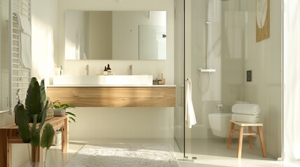 A bright, minimalist bathroom bathed in natural sunlight, featuring clean white decor, a modern vanity, and fresh plants for a touch of green.