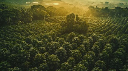 Poster - A lush, verdant landscape shows rows of neatly arranged trees under a golden sunlight, stretching towards the horizon.