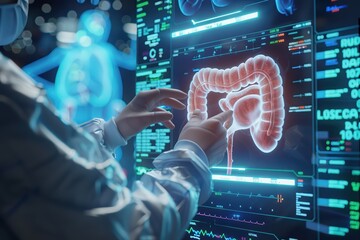 a medical professional analyzes a digital display of human intestines, highlighting advancements in 