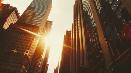 The golden sun rays shine through towering skyscrapers, reflecting off windows and creating a warm, vibrant glow in a bustling cityscape.