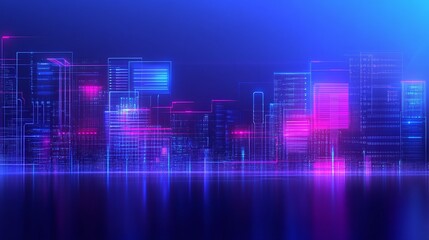 Wall Mural - Futuristic city skyline with neon lights and glowing effects.