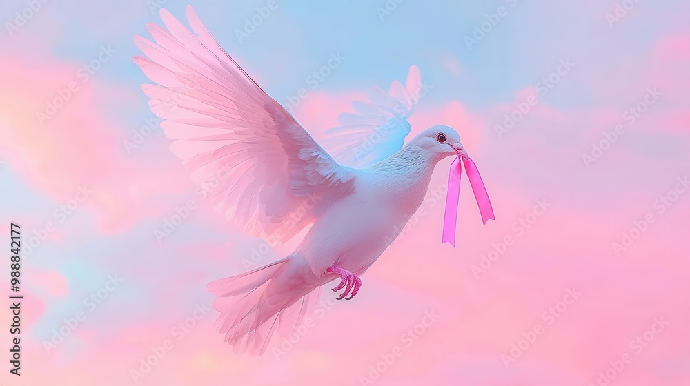 Dove holding a pink ribbon in its beak, flying gracefully against a ...