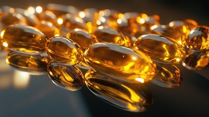 Vitamin D and Omega 3 capsules in fish form, placed neatly on a smooth surface with reflections, highlighting their shiny texture and clarity.