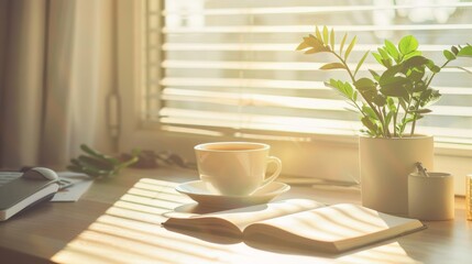 Sticker - Morning sunlight fills a cozy desk setup, featuring a coffee cup, open book, and potted plant on a wooden surface.