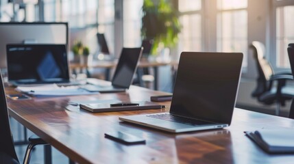 Sticker - An office workspace, bathed in natural light, sits empty with neatly arranged laptops and stationery, evoking a sense of calm and readiness for productivity.