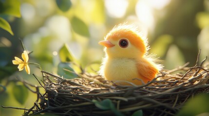 a cute baby bird sits in a nest, looking up with big eyes and fluffy feathers.