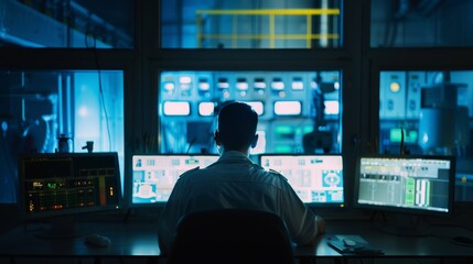 A technician in a control room surrounded by multiple screens and complex control panels, indicating a night setting filled with technical operations and data management.