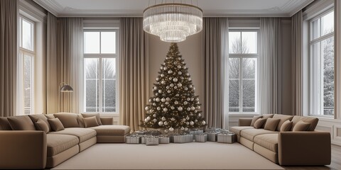 Wall Mural - A chic living room with plush neutral furniture and a silver-decorated Christmas tree