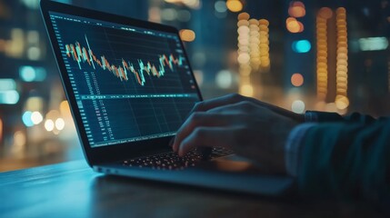 Poster - a person analyzes stock market data on a laptop with city lights in the background during evening ho