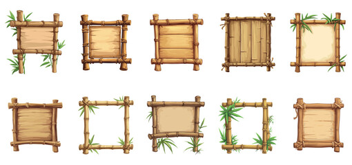 Poster - Wooden bamboo sign board frames set with leaves and branches. Old parchment paper jungle sticks with ropes wooden planks. Exotic menu game sign elements. Cartoon style isolated vector clipart