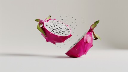 A dynamic capture of a dragon fruit split in mid-air, with seeds scattering, creating a vivid and energetic presentation of this exotic fruit.