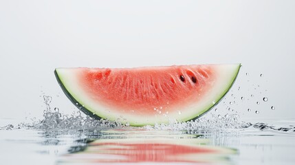 Wall Mural - A vibrant watermelon slice splashes in clear water, creating dynamic ripples and droplets in a refreshing summer display