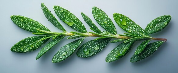 Wall Mural - aromatic sprig of fresh rosemary isolated on crisp white background macro photography highlighting delicate leaves and oil droplets evoking culinary essence