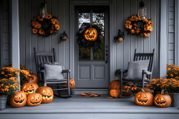 Poster - Halloween pumpkins jack o' lanterns, flowers and chairs on front porch, exterior home decor, seasonal decorations, gray and white