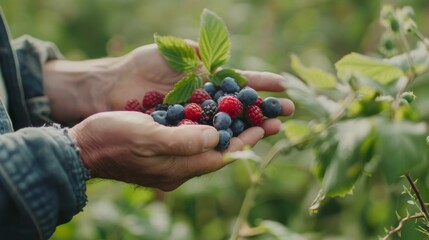 Wall Mural - Hands cupping a collection of ripe berries, capturing the freshness and bounty of a fruitful harvest.