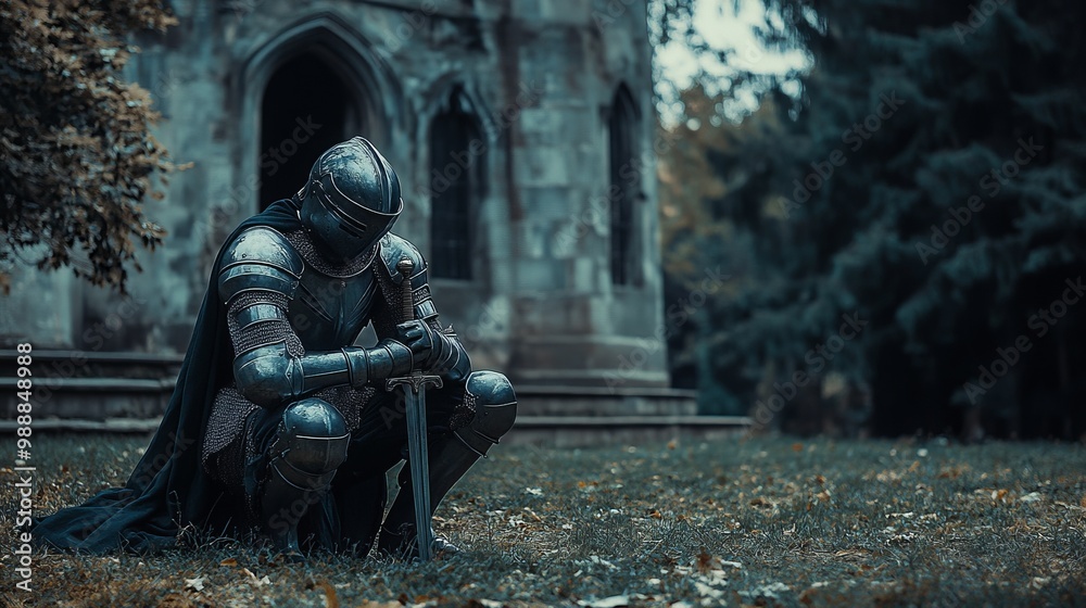 Kneeling knight. A knight in full suit of armor is kneeling and leaning ...