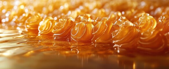 artful arrangement of golden caramel candies and glossy caramel sauce rich warm tones and sticky textures captured in mouthwatering detail