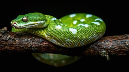 Wall Mural - mesmerizing green python viper snake resting coiled on a branch with a dark backdrop, representing t