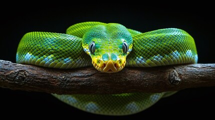 Wall Mural - mesmerizing green python viper snake resting coiled on a branch with a dark backdrop, representing t