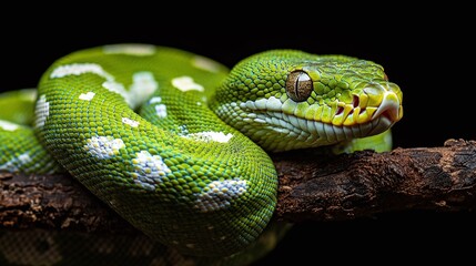 Wall Mural - mesmerizing green python viper snake resting coiled on a branch with a dark backdrop, representing t