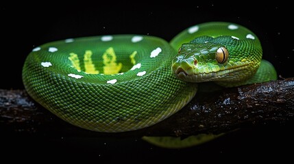 Wall Mural - mesmerizing green python viper snake resting coiled on a branch with a dark backdrop, representing t