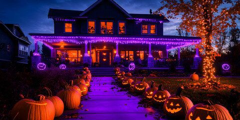 Poster - Home decorated for Halloween, pumpkins and purple string lights, wide, holiday yard decor, exterior seasonal decorations