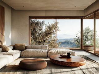 A living room with a large window and a brown coffee table. There are two brown pillows on the couch