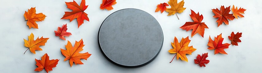 Wall Mural - A circular stone surrounded by vibrant autumn leaves creates a striking contrast against a white background.