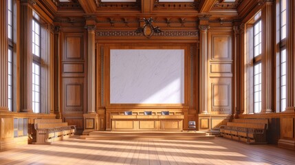 Wall Mural - Elegant Wooden Frame Border Background in a Classic Judge's Courtroom Setting with Natural Light