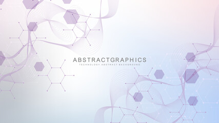 Leinwandbilder - Modern scientific background with hexagons, lines and dots. Wave flow abstract background. Molecular structure for medical, technology, chemistry, science. Vector illustration