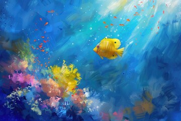 Underwater Fish Cartoon. Artistic Painting of Colorful Fish in Coral Reef