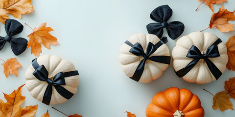 Flatlay of white and orange pumpkins with black bows and autumn leaves on a light background