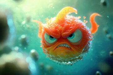 Cute cartoon character of an angry red and yellow virus swimming in blue green fluid with a cell background.