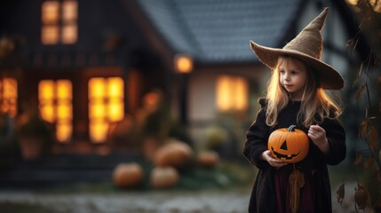 Wall Mural - Young Witch Holding a Jack-O'-Lantern on Halloween Night