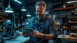 © Ralfy Art - A smiling man in an apron reviews something on a tablet in a workshop filled with tools and equipment.