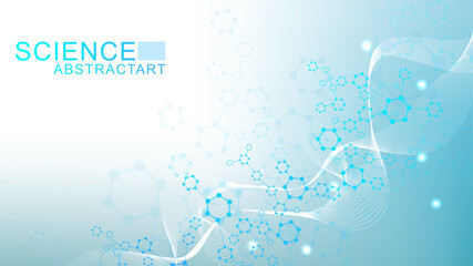 Canvas Print - modern scientific background with hexagons, lines and dots. wave flow abstract background. molecular