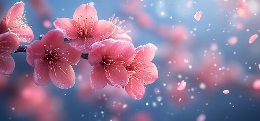 Wall Mural - Delicate pink blossoms with a snowy backdrop, evoking tranquility.