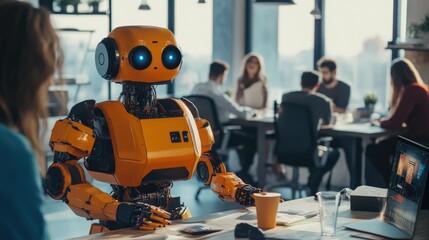 Poster - Robot brainstorming with a group of creative professionals in a modern advertising agency, symbolizing AI integration in creative workspaces.