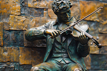 Bronze statue of man playing violin, folk music album cover art background, Celtic inspired