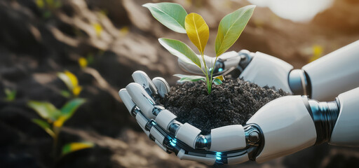 ESG green earth concept, using futuristic robot AI technology to help with environment Society sustainable development goall, green business natural environment, World environment day