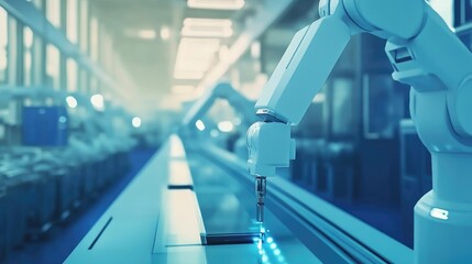 Poster - Robotic machines in an ultra-modern factory, streamlining production in a high-tech environment.