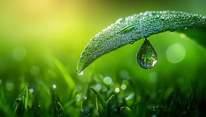 Wall Mural - Dew-covered leaf glistening in soft sunlight over green grass.