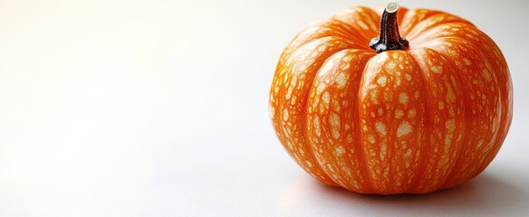 autumn still life single miniature pumpkin isolated on pure white background vibrant orange hue pops highlighting intricate texture and stem details