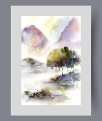 Wall Mural - Ecological landscape with mountains and sunset over two trees with fluffy crown growing on shore of lake. Watercolor painting with ecological landscape for bedroom or living room interior design