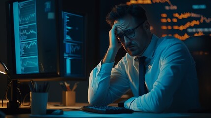 Poster - stressed financial analyst working late at night in a dark office with multiple screens displaying m