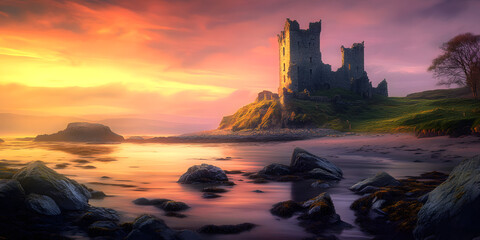 Old castle ruins on seashore in early morning misty dawn, empty landscape painting, Celtic. Generative AI