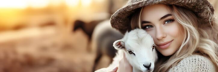 portrait of a woman in a hat with cute baby goat