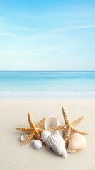 Wall Mural - A serene beach scene featuring shells and starfish against a tranquil ocean backdrop under a clear blue sky.