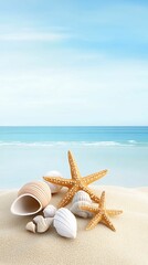 Wall Mural - A serene beach scene featuring seashells and starfish resting on soft sand with a calm sea and blue sky in the background.