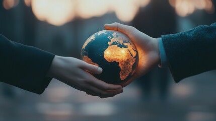 two hands holding a glowing globe, symbolizing global cooperation, environmental sustainability, and